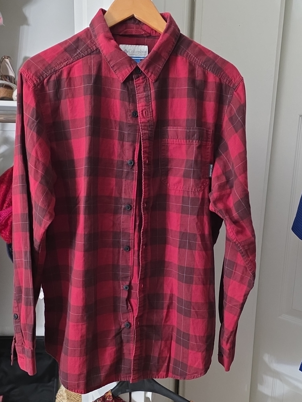 Columbia Men's Red and Black Plaid Button-Down Shirt